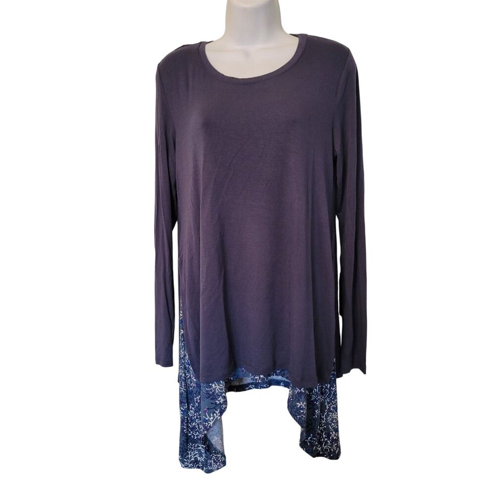 LOGO Lori Goldstein Purple Floral Long Sleeve Asymmetrical Tunic Top Stretch Kni